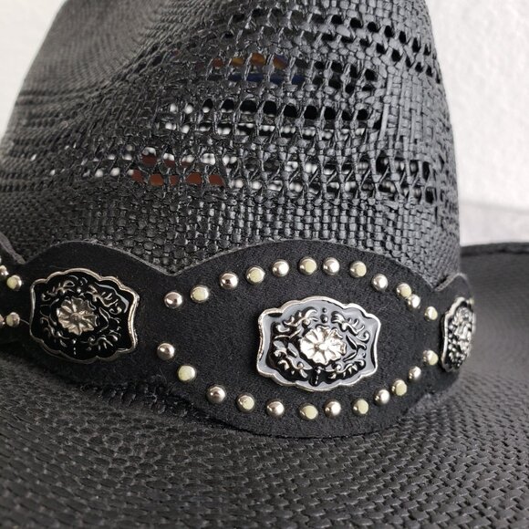 Bullhide Vintage Straw Cowboy Hat Western Black Enameled Concho Detail size M - Picture 6 of 13